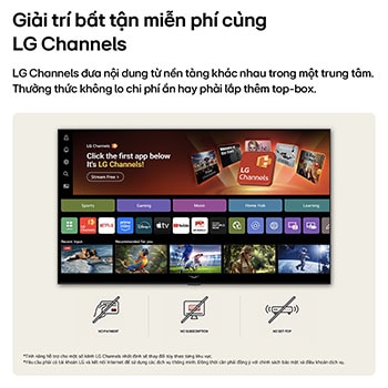LG NANO 4K UHD AI NU80 home screen navigates into the LG Channels interface, with free live TV channels, movies, and exclusive content. It highlights direct access to hundreds of entertainment options with no payment, no subscription, and no set-top box required.